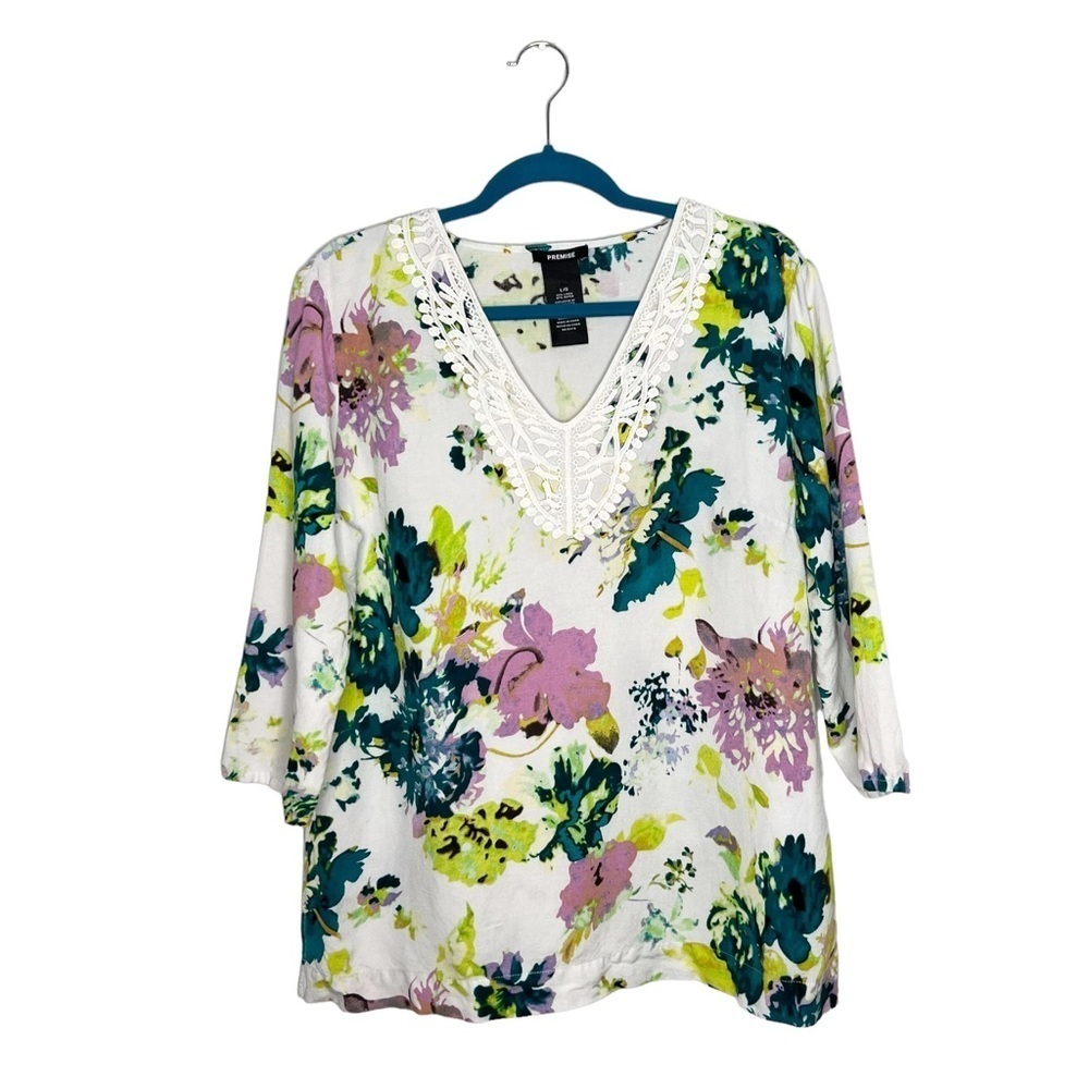 Premise Linen Rayon Blend Floral V Neck 3/4 Length Sleeve Blouse